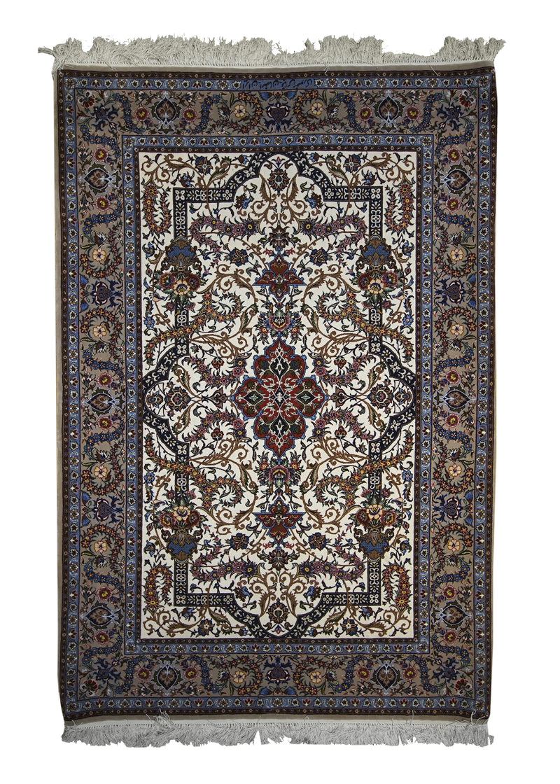 A12030 Persian Rug Isfahan Handmade Area Traditional 3'8'' x 5'6'' -4x6- Whites Beige Blue Floral Design