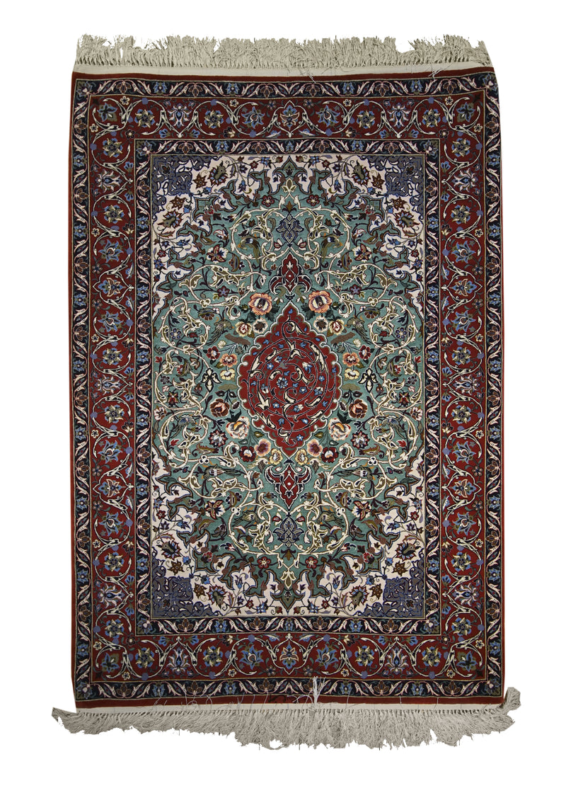 A12033 Persian Rug Isfahan Handmade Area Traditional 3'8'' x 5'2'' -4x5- Green Red Floral Design