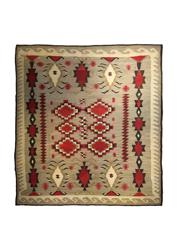 A12039 Native American Rug Navajo Handmade Square Antique Tribal 8'12'' x 9'2'' -9x9- Whites Beige Black Geometric Design