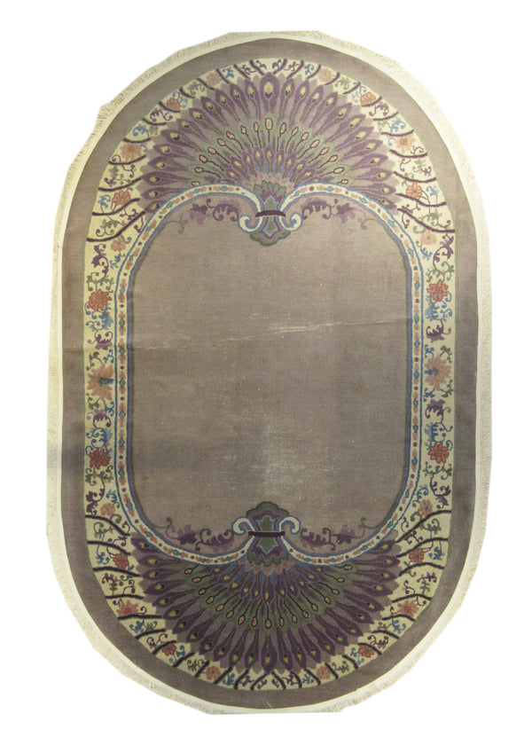 A12197 Oriental Rug Chinese Handmade Round Traditional Antique 5'1'' x 8'3'' -5x8- Purple Whites Beige Oval Peking Open Design