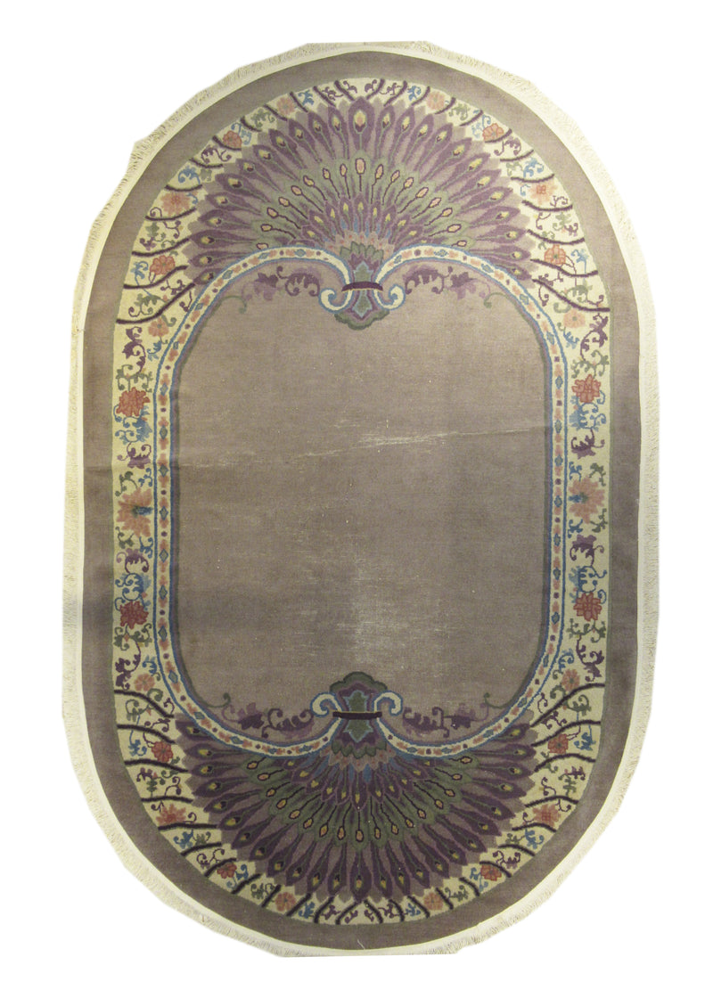 A12197 Oriental Rug Chinese Handmade Round Traditional Antique 5'1'' x 8'3'' -5x8- Purple Whites Beige Oval Peking Open Design