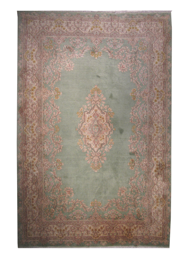 A12249 Persian Rug Kerman Handmade Area Traditional 5'12'' x 9'3'' -6x9- Green Pink Open Field Floral Design
