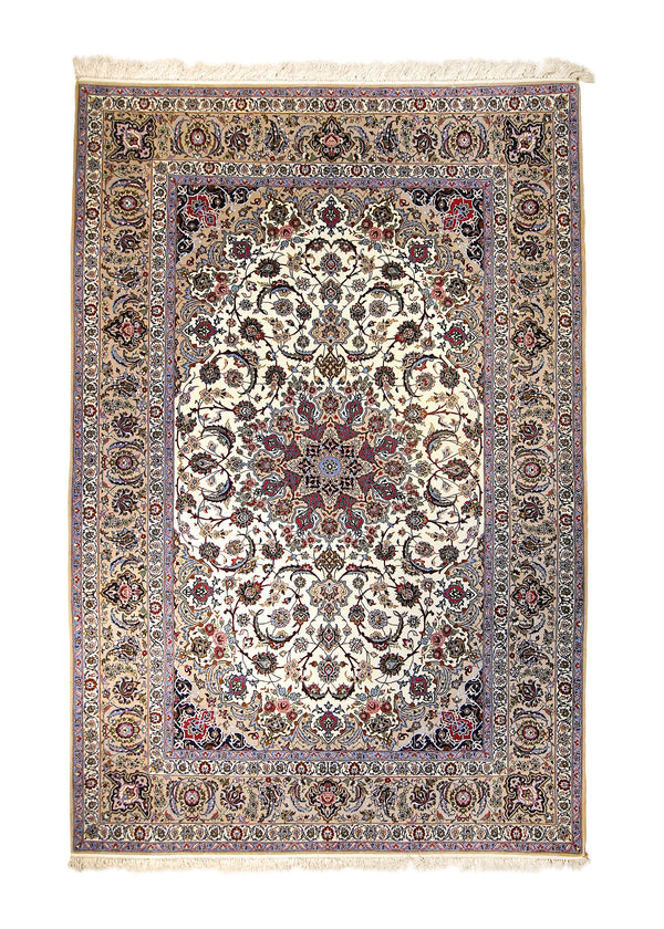 A12310 Persian Rug Isfahan Handmade Area Traditional 6'11'' x 10'0'' -7x10- Whites Beige Purple Floral Design