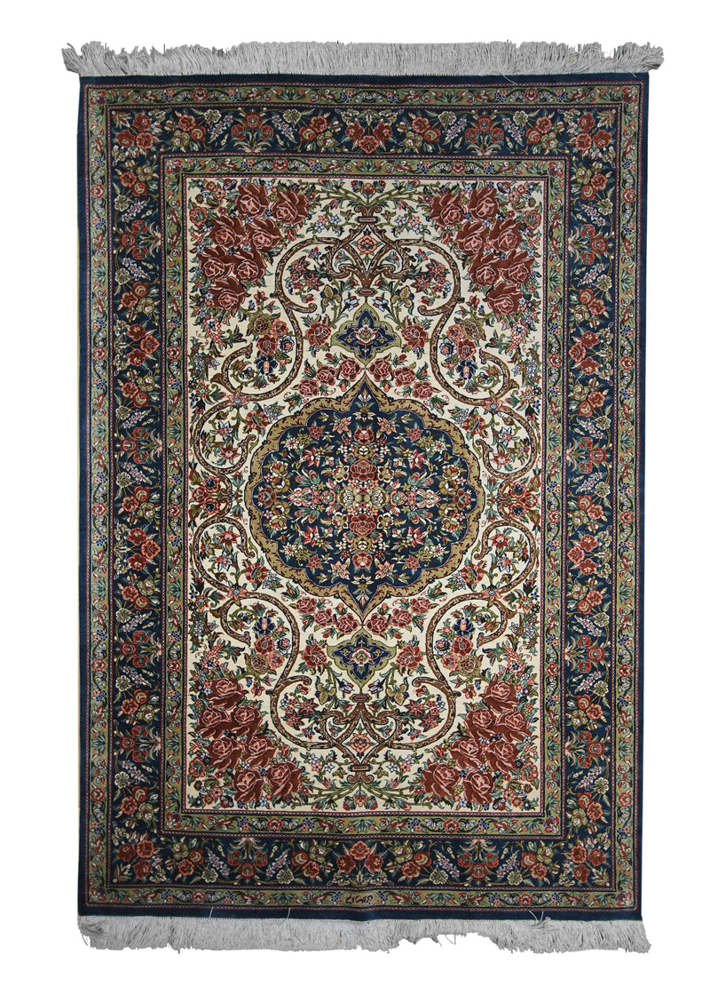 A12377 Persian Rug Qum Handmade Area Traditional 3'4'' x 4'11'' -3x5- Whites Beige Pink Green Floral Design