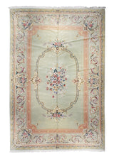 A12593 European Rug Handmade Area Traditional 12'0'' x 18'0'' -12x18- Green Pink Savonnerie Open Field Design