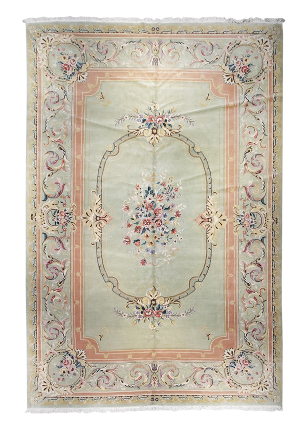 A12593 European Rug Handmade Area Traditional 12'0'' x 18'0'' -12x18- Green Pink Savonnerie Open Field Design