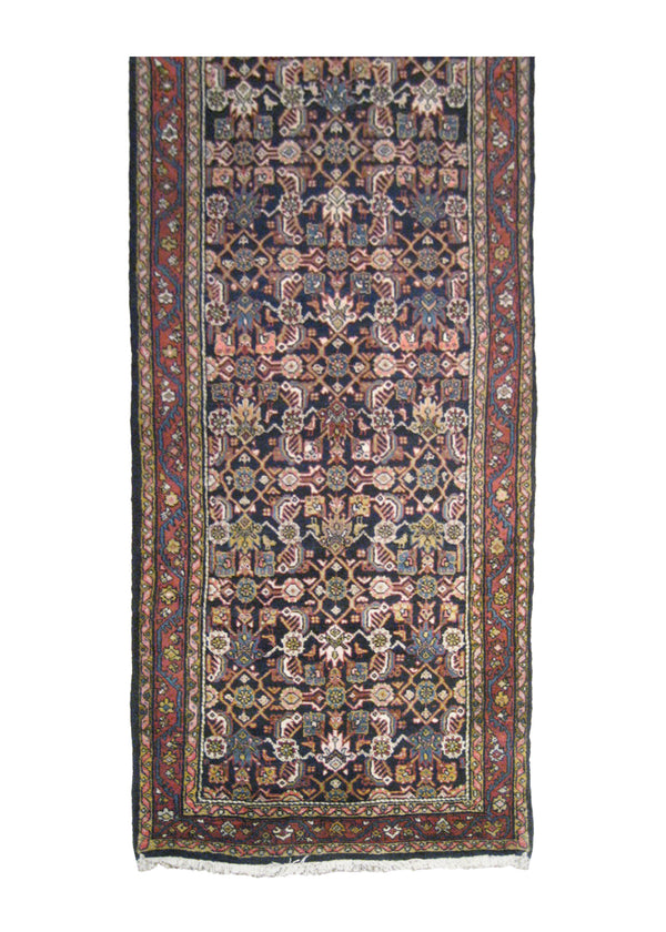 A12602 Persian Rug Hamadan Handmade Runner Tribal Antique 3'3'' x 13'2'' -3x13- Blue Red Geometric Herati Design