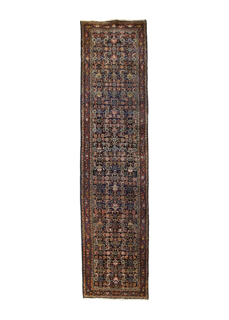 A12602 Persian Rug Hamadan Handmade Runner Tribal Antique 3'3'' x 13'2'' -3x13- Blue Red Geometric Herati Design.jpg