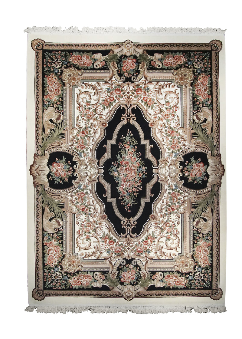 A12766 Oriental Rug Chinese Handmade Area Traditional 9'2'' x 12'2'' -9x12- Whites Beige Black Pink Aubusson Design
