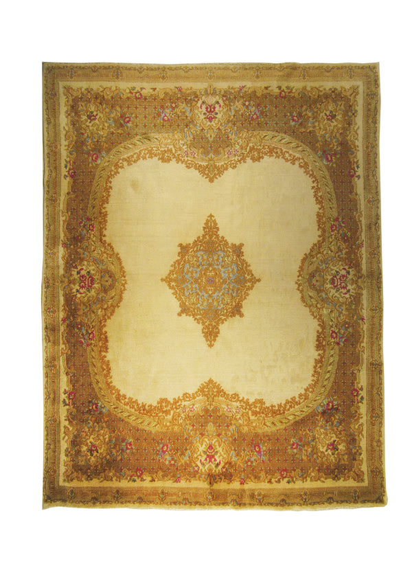 A12870 Persian Rug Kerman Handmade Area Traditional 6'9'' x 8'8'' -7x9- Whites Beige Yellow Gold Open Field Floral Design