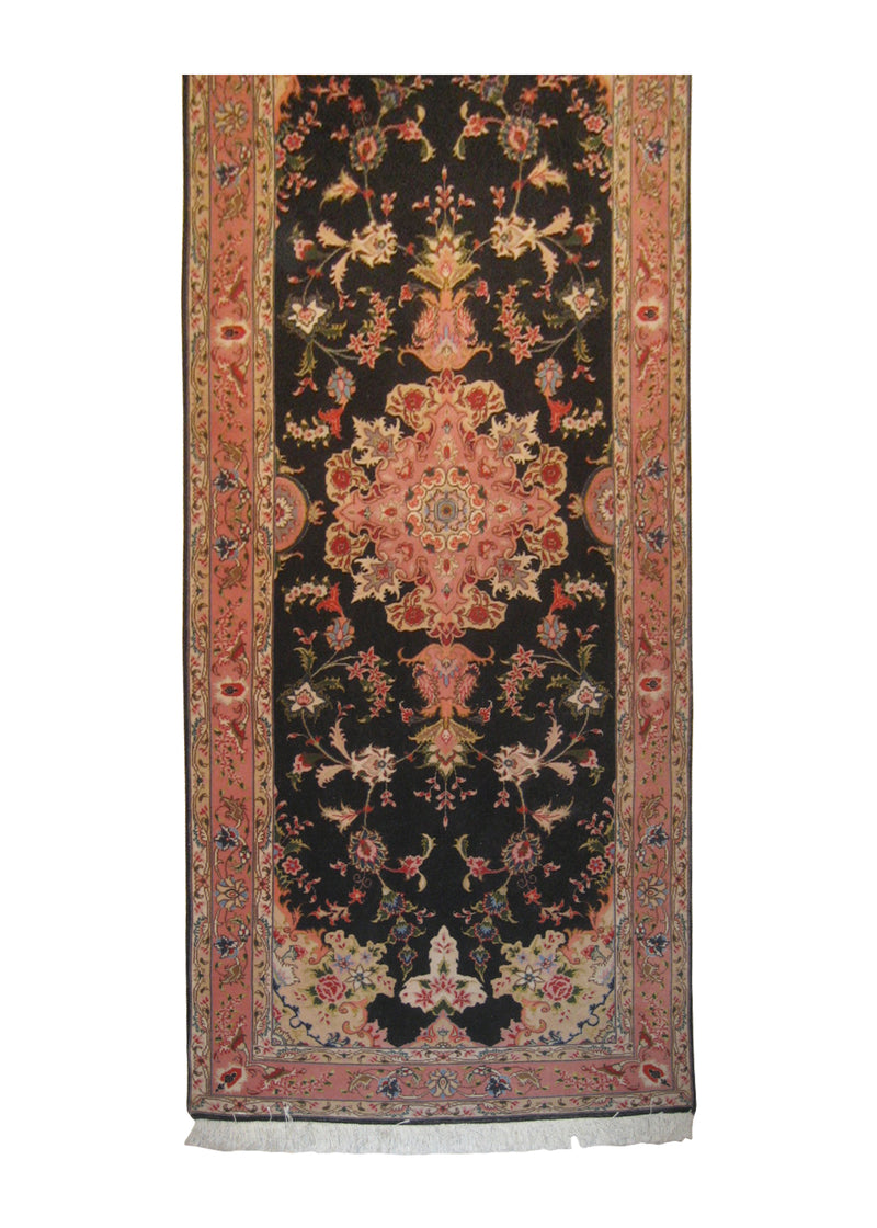 A12897 Persian Rug Tabriz Handmade Runner Traditional 2'8'' x 6'7'' -3x7- Black Pink Floral Naghsh Design