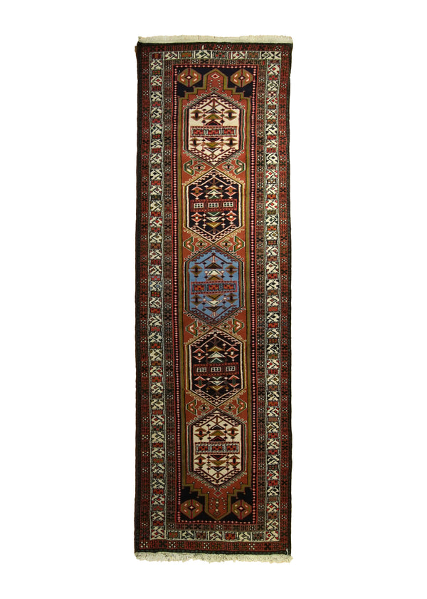 A12907 Persian Rug Ardabil Handmade Runner Tribal 2'6'' x 9'0'' -3x9- Whites Beige Multi-color Geometric Design