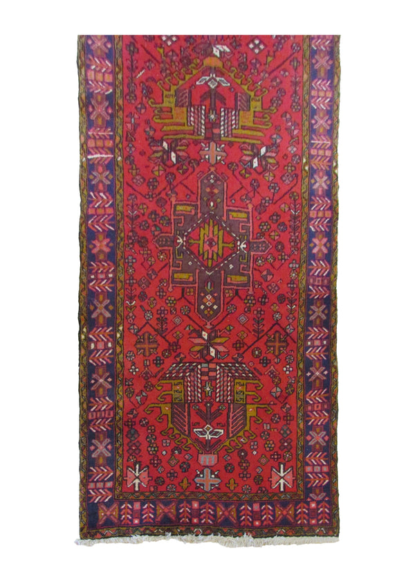 A13026 Persian Rug Gharajeh Handmade Runner Tribal 3'2'' x 10'1'' -3x10- Red Blue Geometric Design
