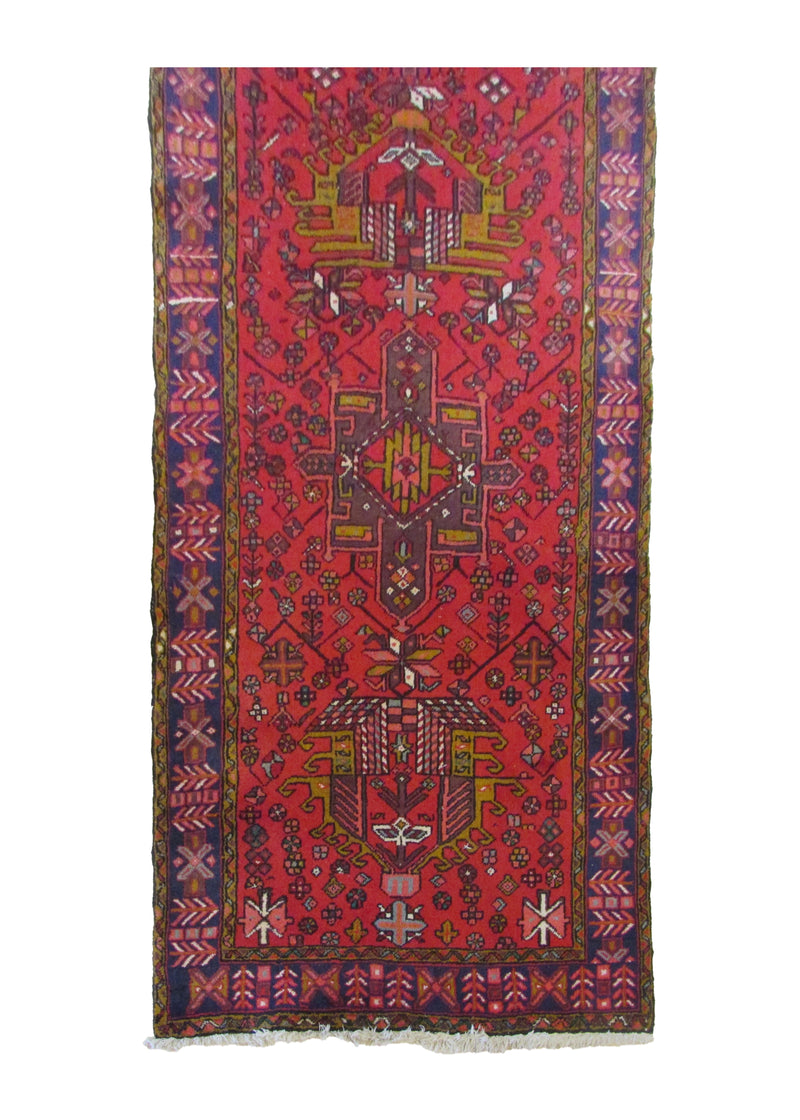 A13026 Persian Rug Gharajeh Handmade Runner Tribal 3'2'' x 10'1'' -3x10- Red Blue Geometric Design