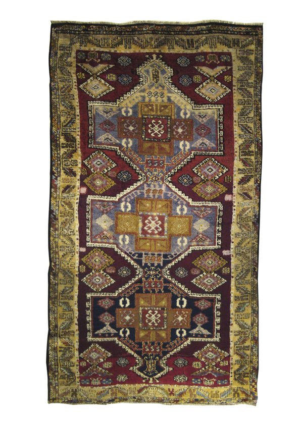 A13163 Oriental Rug Turkish Handmade Area Tribal 4'0'' x 7'3'' -4x7- Red Yellow Gold Geometric Design