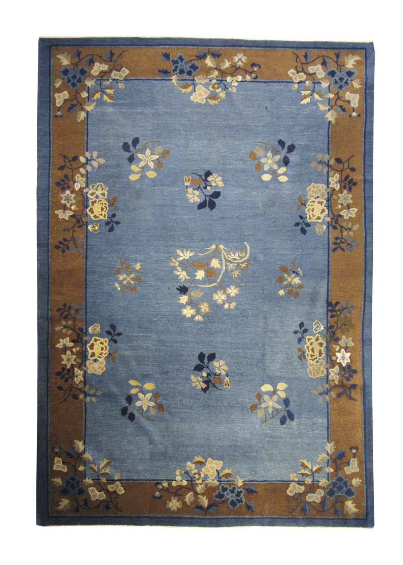 A13178 Oriental Rug Chinese Handmade Area Traditional 6'1'' x 8'8'' -6x9- Blue Brown Symbol Floral Design