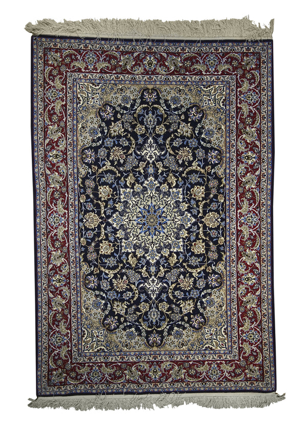 A13536 Persian Rug Isfahan Handmade Area Traditional 3'8'' x 5'5'' -4x5- Blue Red Floral Design