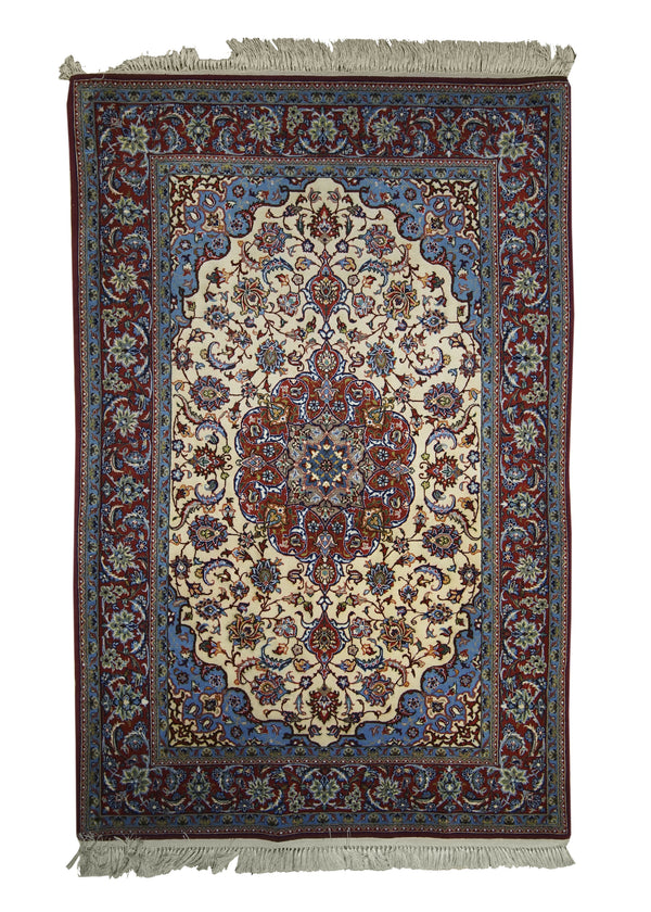 A13588 Persian Rug Isfahan Handmade Area Traditional 3'7'' x 5'6'' -4x6- Whites Beige Red Blue Floral Design