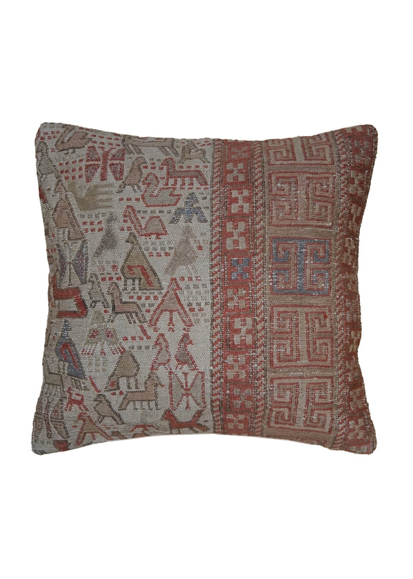 A13704 Persian Rug Handmade Pillow Tribal 1'5'' x 1'5'' -1x1- Whites Beige Red Geometric Animals Design