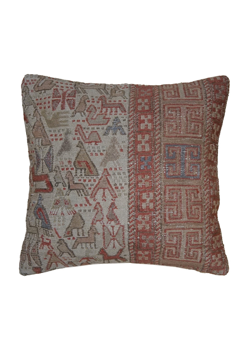 A13704 Persian Rug Handmade Pillow Tribal 1'5'' x 1'5'' -1x1- Whites Beige Red Geometric Animals Design
