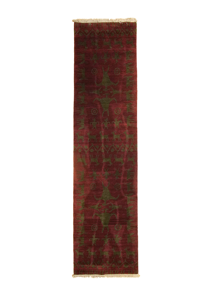 A13715 Oriental Rug Tibetan Handmade Runner Transitional 2'6'' x 9'11'' -3x10- Red Pictorial Animals Design