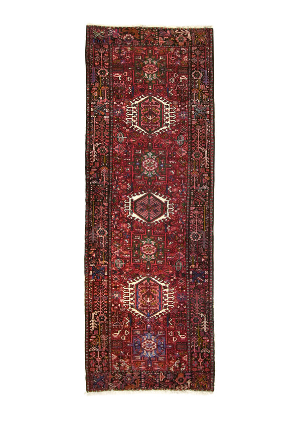 A13759 Persian Rug Gharajeh Handmade Runner Tribal 3'5'' x 10'0'' -3x10- Red Geometric Animals Design