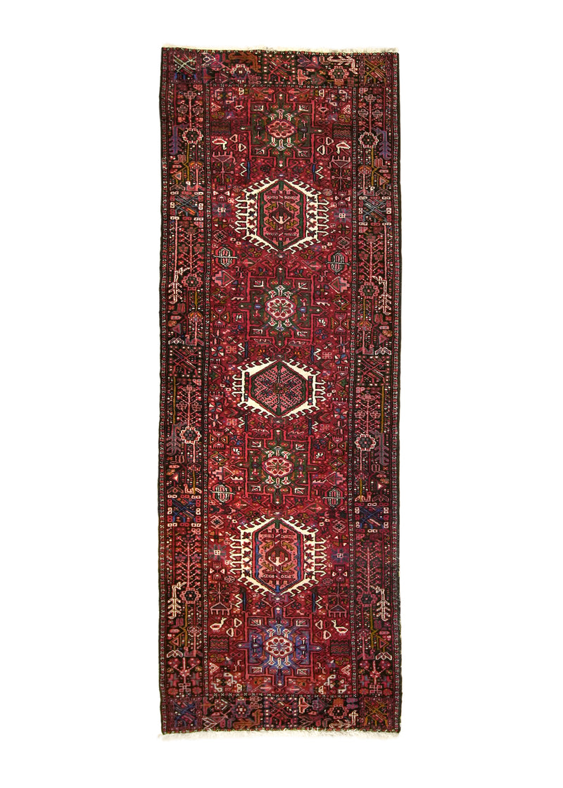 A13759 Persian Rug Gharajeh Handmade Runner Tribal 3'5'' x 10'0'' -3x10- Red Geometric Animals Design