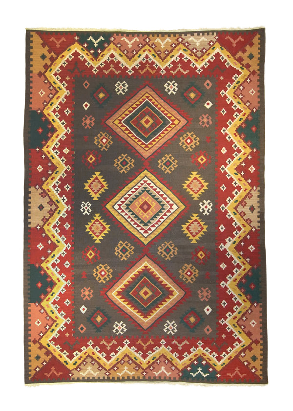 A13866 Oriental Rug Turkish Handmade Area Tribal 6'0'' x 9'4'' -6x9- Brown Red Yellow Gold Kilim Geometric Design.jpg