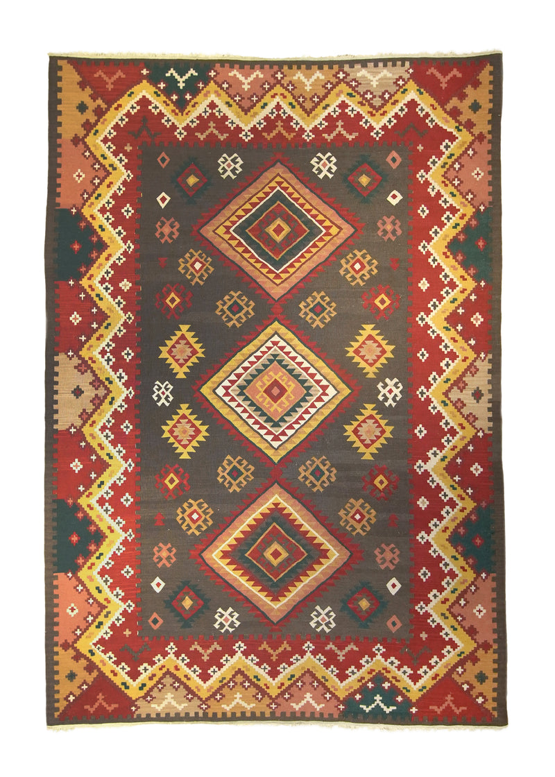A13866 Oriental Rug Turkish Handmade Area Tribal 6'0'' x 9'4'' -6x9- Brown Red Yellow Gold Kilim Geometric Design.jpg