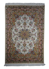 A13939 Persian Rug Qum Handmade Area Traditional 3'4'' x 4'10'' -3x5- Whites Beige Orange Floral Naghsh Design