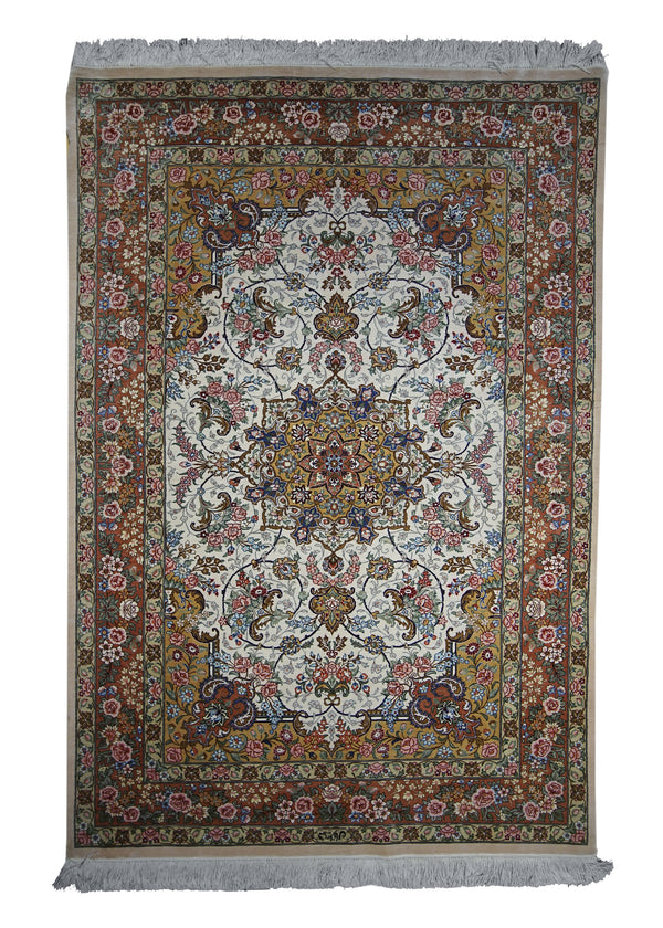 A13939 Persian Rug Qum Handmade Area Traditional 3'4'' x 4'10'' -3x5- Whites Beige Orange Floral Naghsh Design