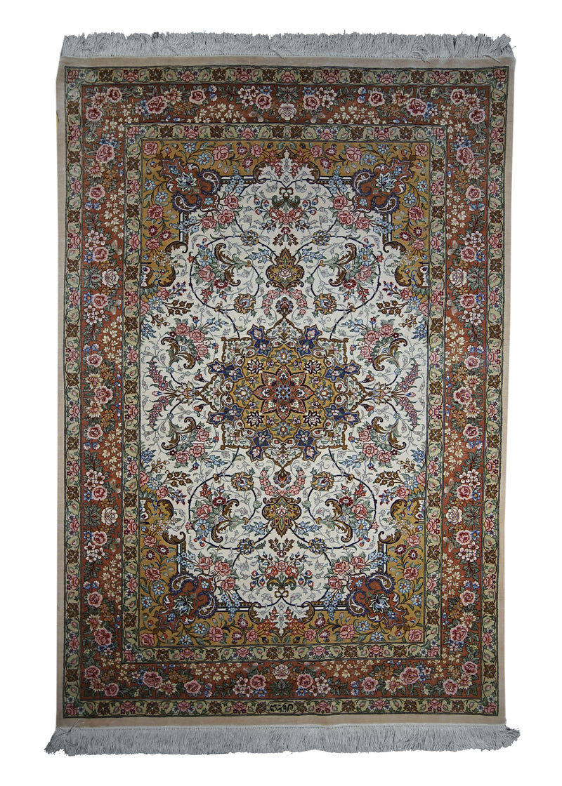 A13939 Persian Rug Qum Handmade Area Traditional 3'4'' x 4'10'' -3x5- Whites Beige Orange Floral Naghsh Design