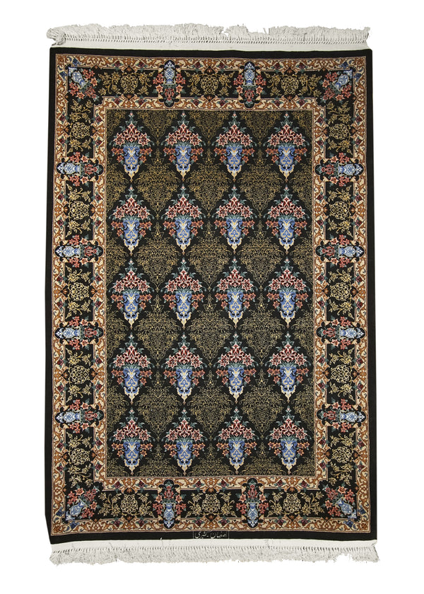 A13961 Persian Rug Isfahan Handmade Area Traditional 3'6'' x 5'2'' -4x5- Black Pink Floral Vase Design