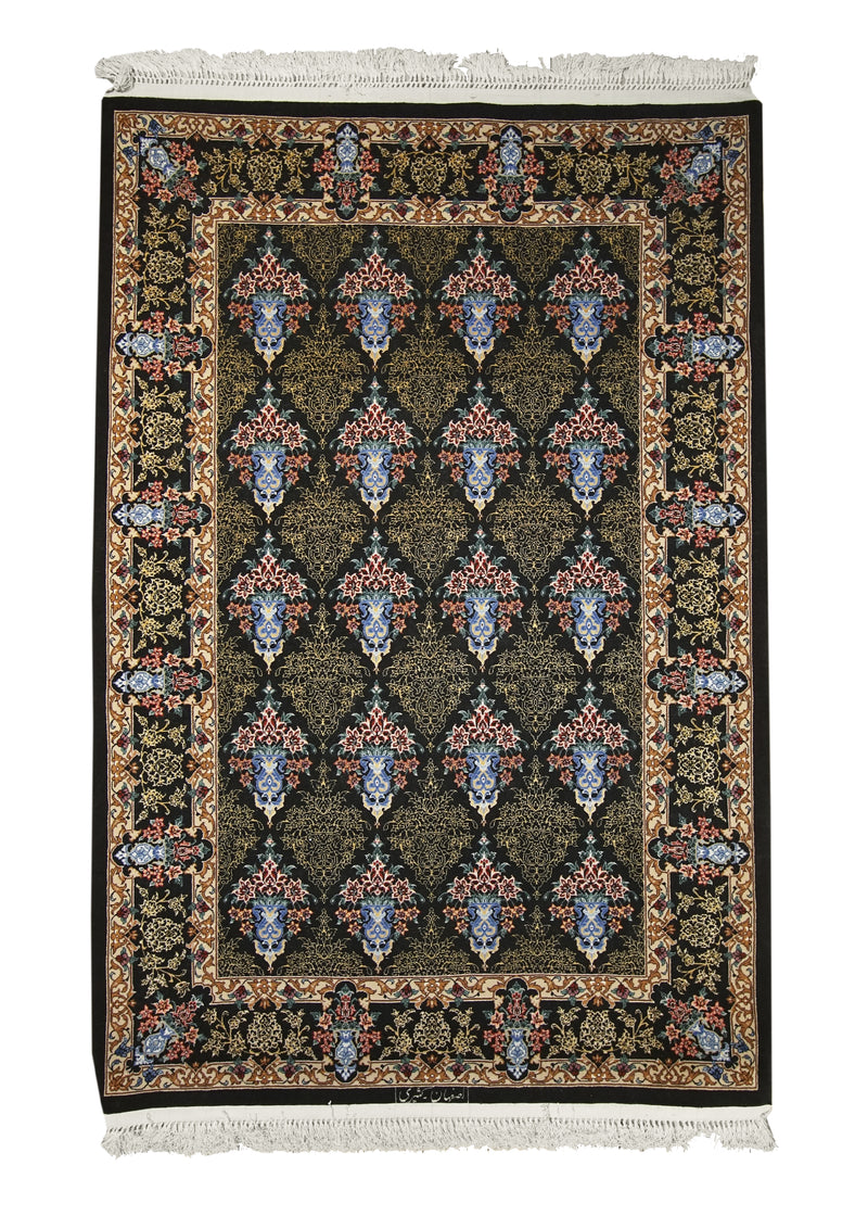 A13961 Persian Rug Isfahan Handmade Area Traditional 3'6'' x 5'2'' -4x5- Black Pink Floral Vase Design
