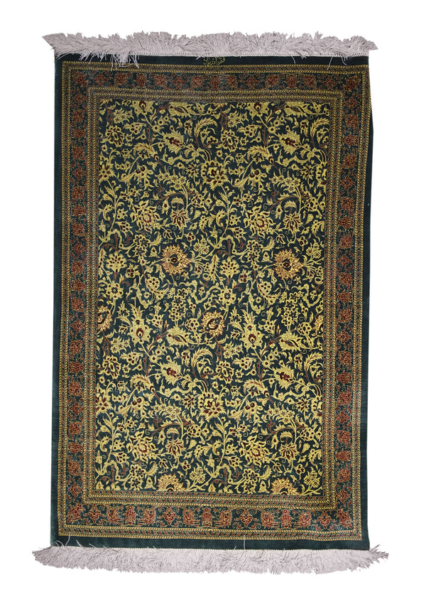 A13964 Persian Rug Qum Handmade Area Traditional 2'6'' x 3'10'' -3x4- Green Yellow Gold Floral Design
