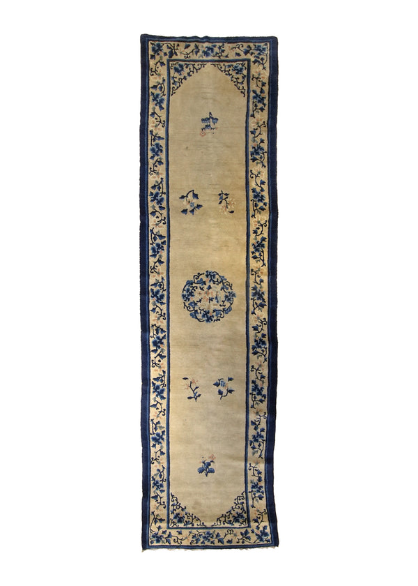 A14121 Oriental Rug Chinese Handmade Runner Antique Traditional 3'0'' x 11'8'' -3x12- Whites Beige Blue Peking Floral Design