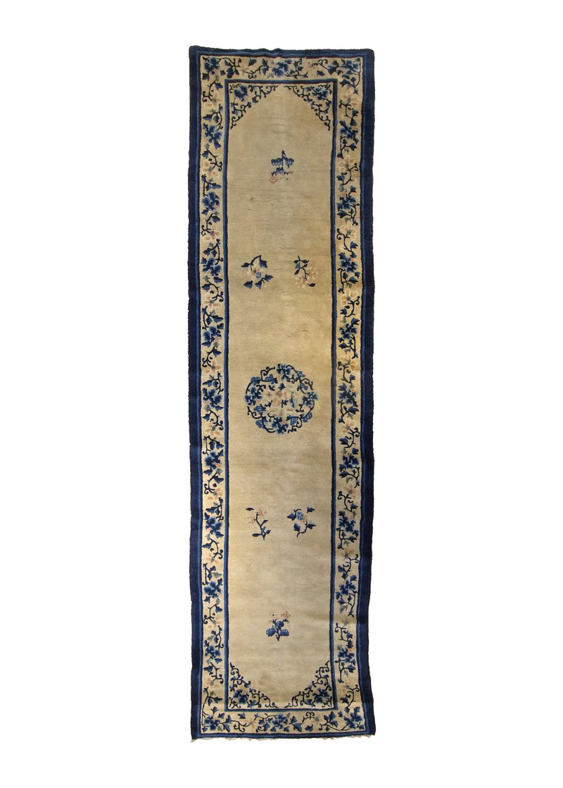 A14121 Oriental Rug Chinese Handmade Runner Antique Traditional 3'0'' x 11'8'' -3x12- Whites Beige Blue Peking Floral Design