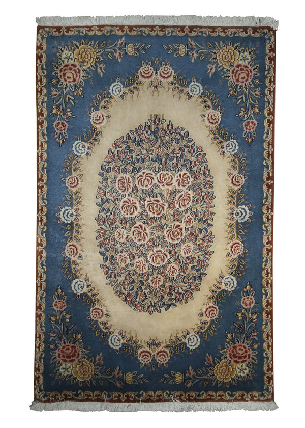 A14224 Persian Rug Kerman Handmade Area Traditional 3'1'' x 4'10'' -3x5- Whites Beige Blue Floral Design
