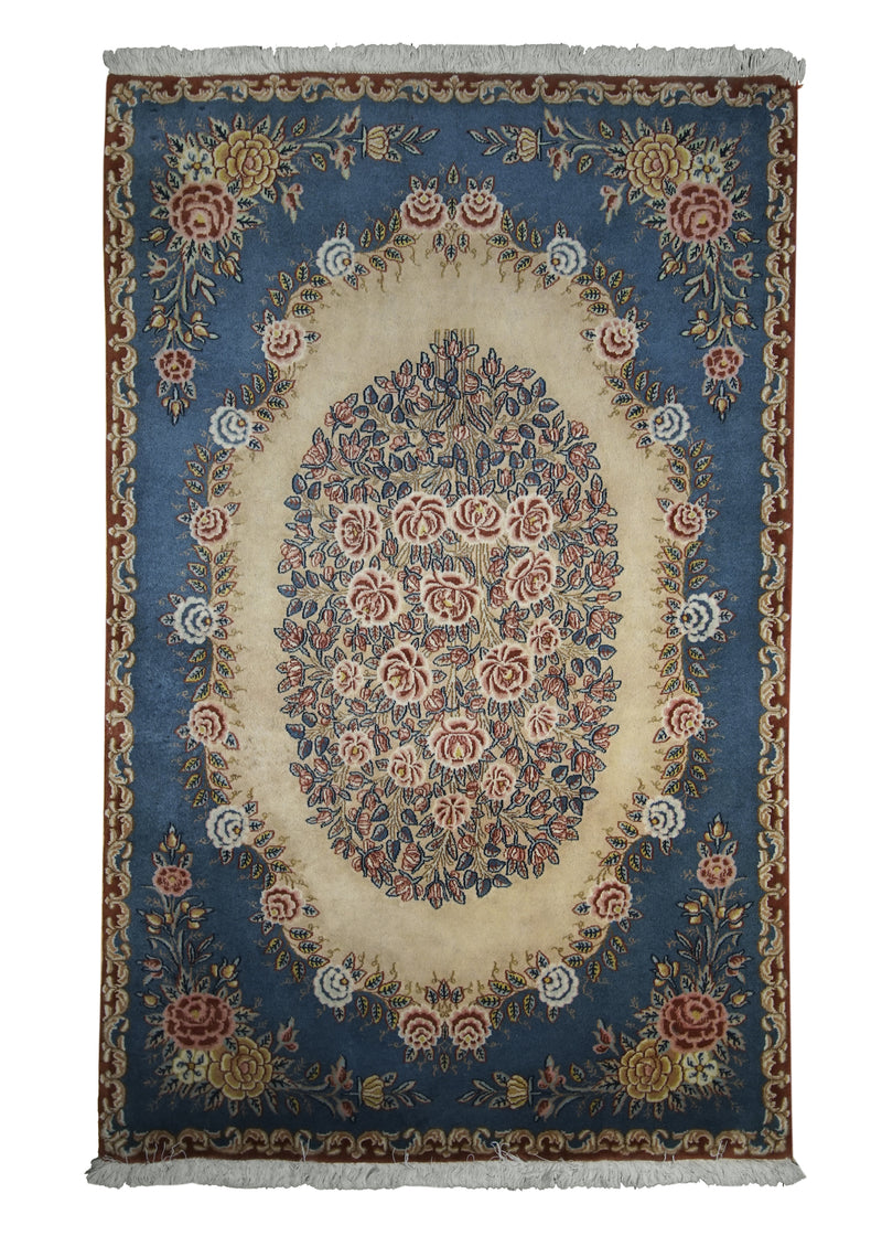 A14224 Persian Rug Kerman Handmade Area Traditional 3'1'' x 4'10'' -3x5- Whites Beige Blue Floral Design