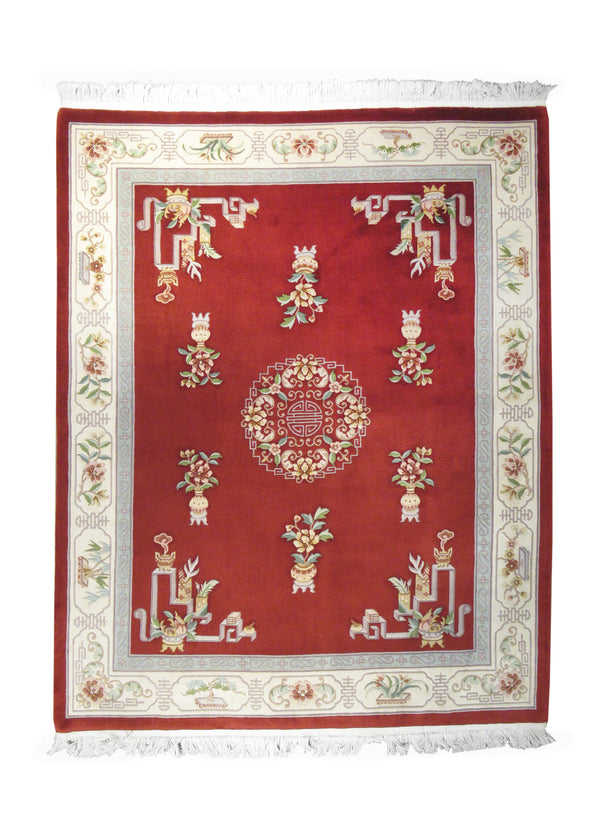 A14398 Oriental Rug Chinese Handmade Area Traditional 7'12'' x 10'1'' -8x10- Red Whites Beige Aubusson Floral Design