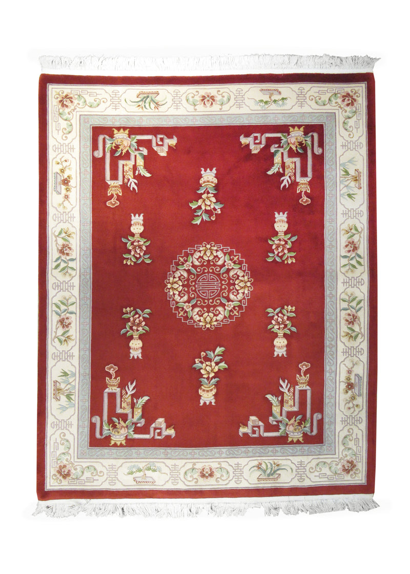 A14398 Oriental Rug Chinese Handmade Area Traditional 7'12'' x 10'1'' -8x10- Red Whites Beige Aubusson Floral Design