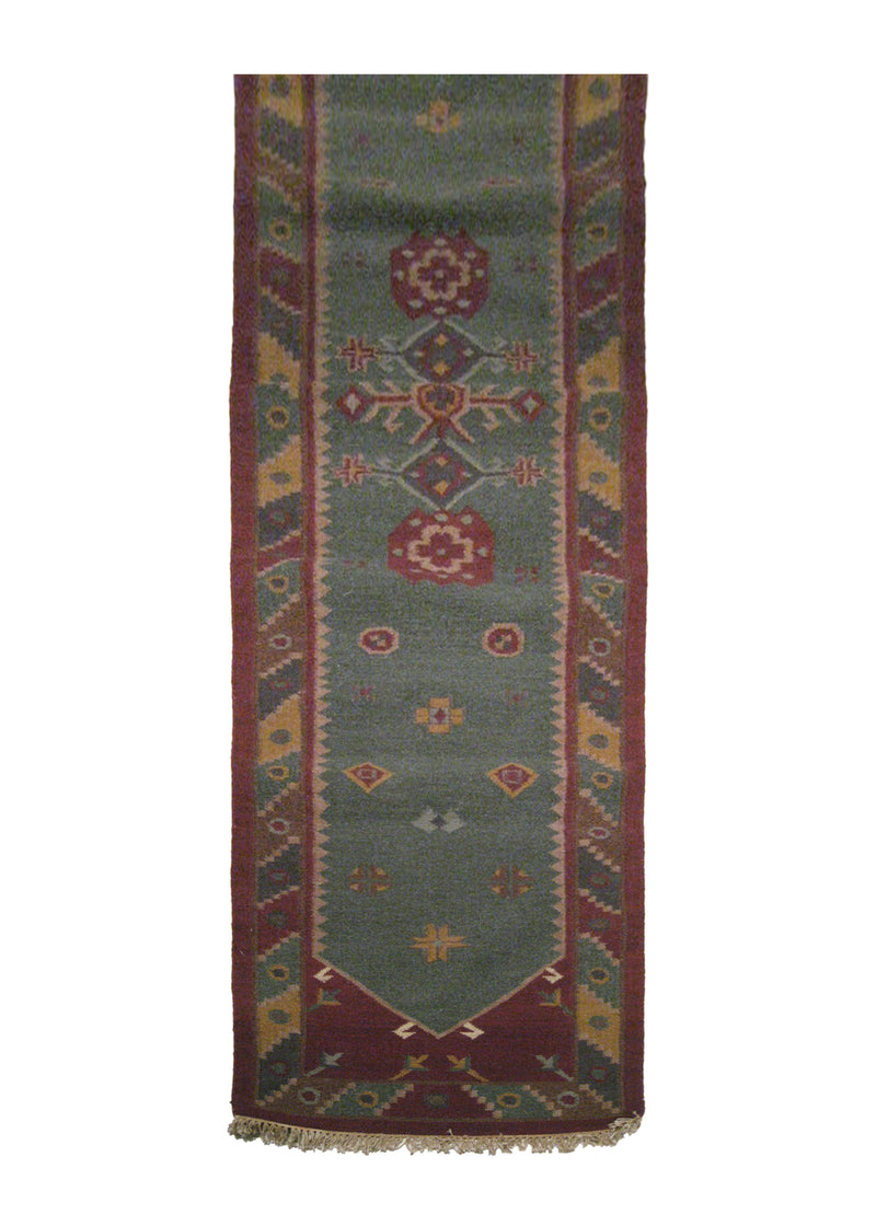 A14842 Oriental Rug Indian Handmade Runner Tribal 2'7'' x 12'0'' -3x12- Green Red Dhurrie Geometric Design