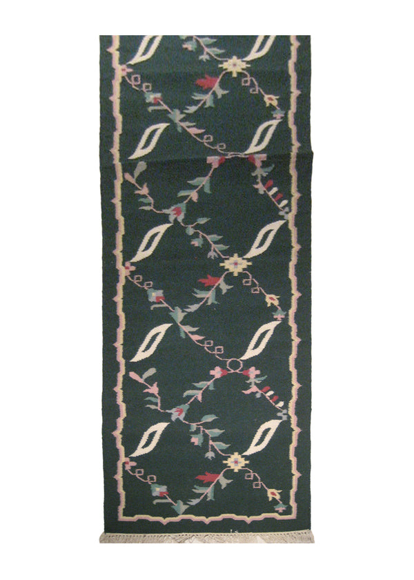 A14846 Oriental Rug Indian Handmade Runner Traditional 2'6'' x 12'0'' -3x12- Green Dhurrie Floral Design