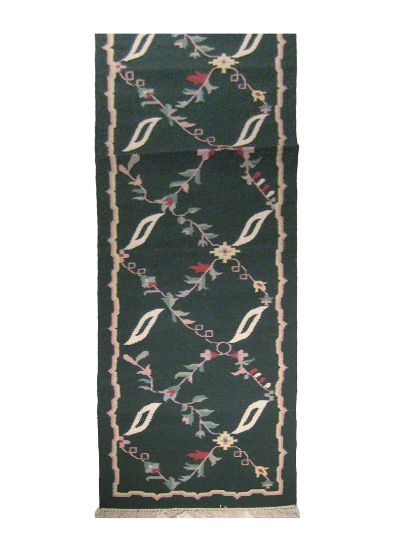 A14846 Oriental Rug Indian Handmade Runner Traditional 2'6'' x 12'0'' -3x12- Green Dhurrie Floral Design