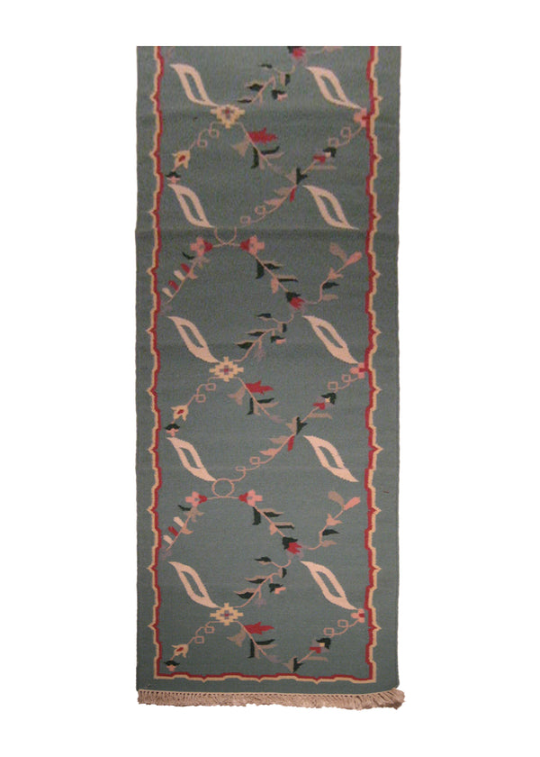 A14847 Oriental Rug Indian Handmade Runner Traditional 2'6'' x 12'0'' -3x12- Green Whites Beige Dhurrie Floral Design