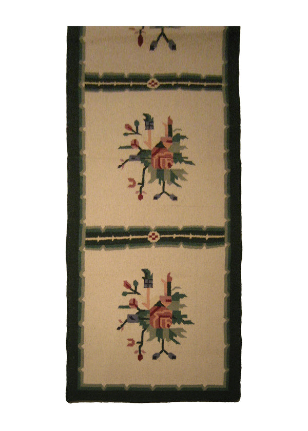 A14853 Oriental Rug Indian Handmade Runner Traditional 2'6'' x 8'0'' -3x8- Whites Beige Green Dhurrie Floral Design
