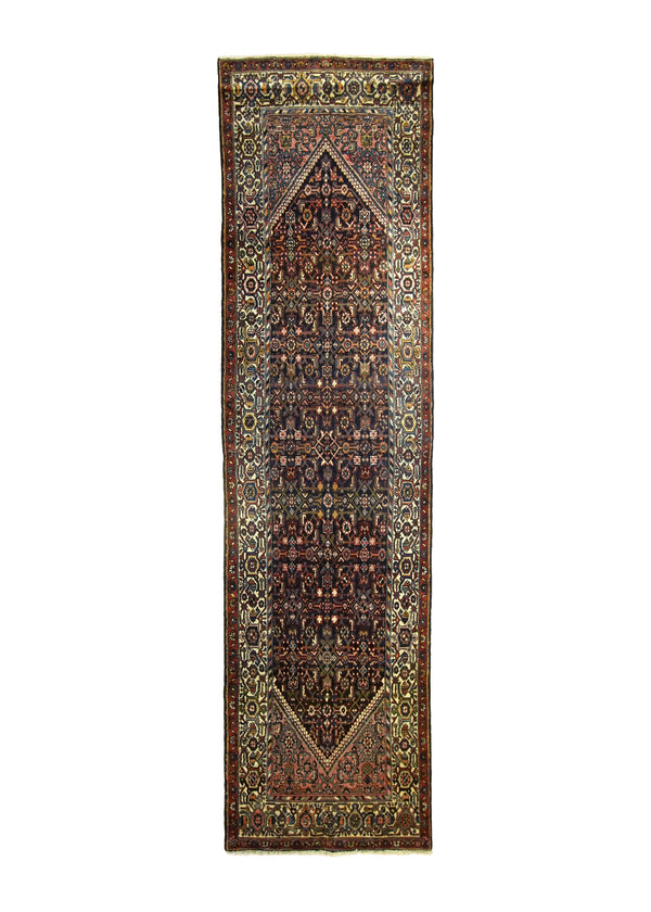 A14988 Persian Rug Hamadan Handmade Runner Antique Tribal 3'7'' x 13'5'' -4x13- Blue Red Herati Geometric Design