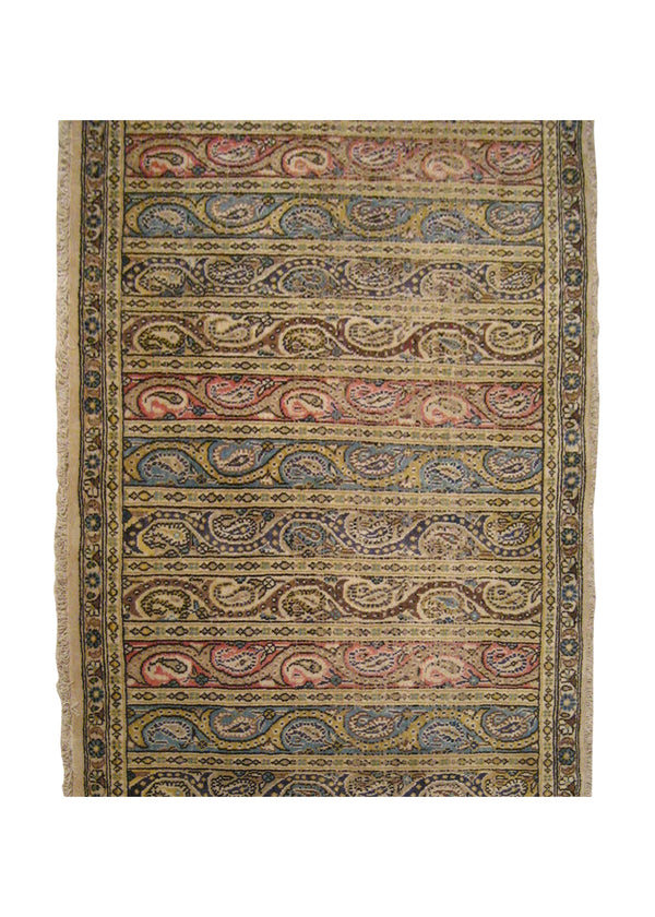 A14993 Persian Rug Qum Handmade Runner Traditional 3'4'' x 7'4'' -3x7- Red Whites Beige Yellow Gold Paisley Boteh Design