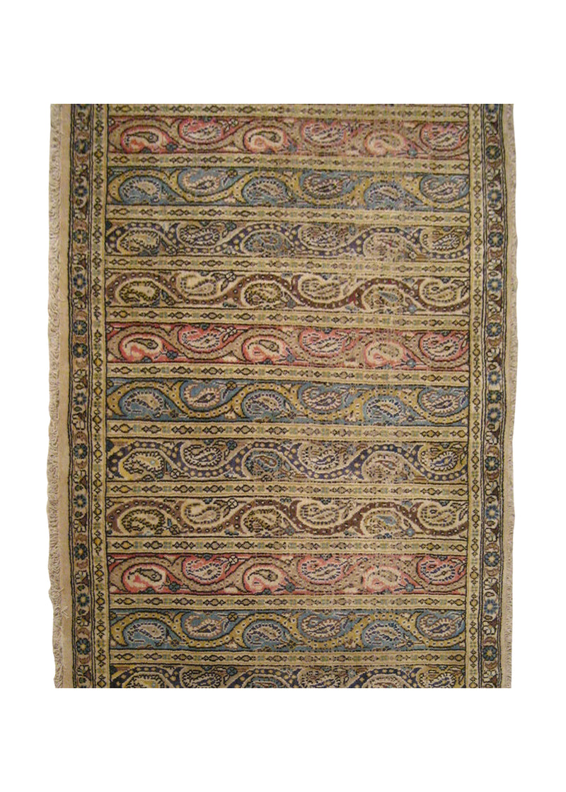 A14993 Persian Rug Qum Handmade Runner Traditional 3'4'' x 7'4'' -3x7- Red Whites Beige Yellow Gold Paisley Boteh Design
