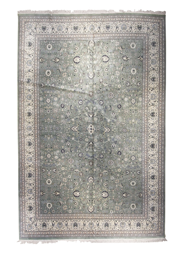 A15735 Oriental Rug Pakistani Handmade Area Transitional Traditional 12'0'' x 18'0'' -12x18- Green Whites Beige Kashan Floral Design